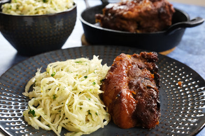 Roasted Thick Pork Ribs With Orange and Ginger Glaze and Cabbage Salad Featuring Lemon, Parsley and Roasted Almonds