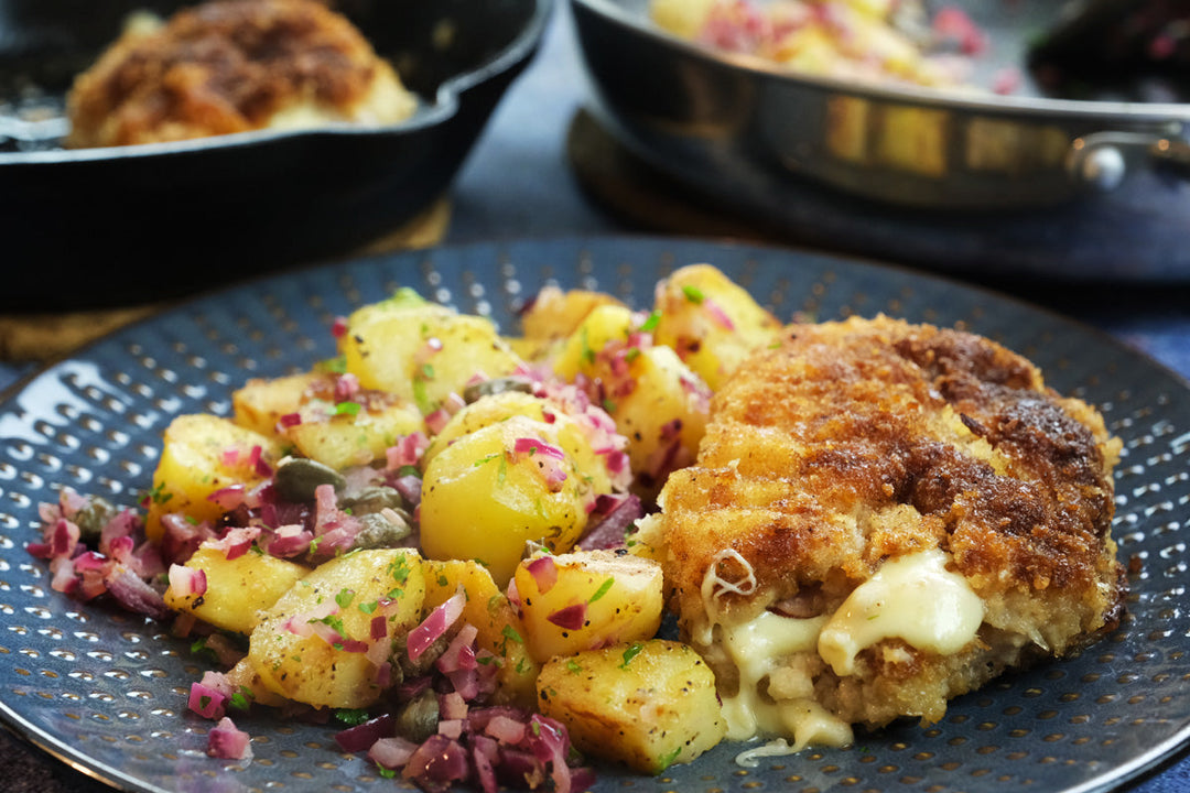 Crispy Smoky Swiss Pocket (Cordon Bleu Schnitzel) with Warm Potato & Caper Salad Recipe