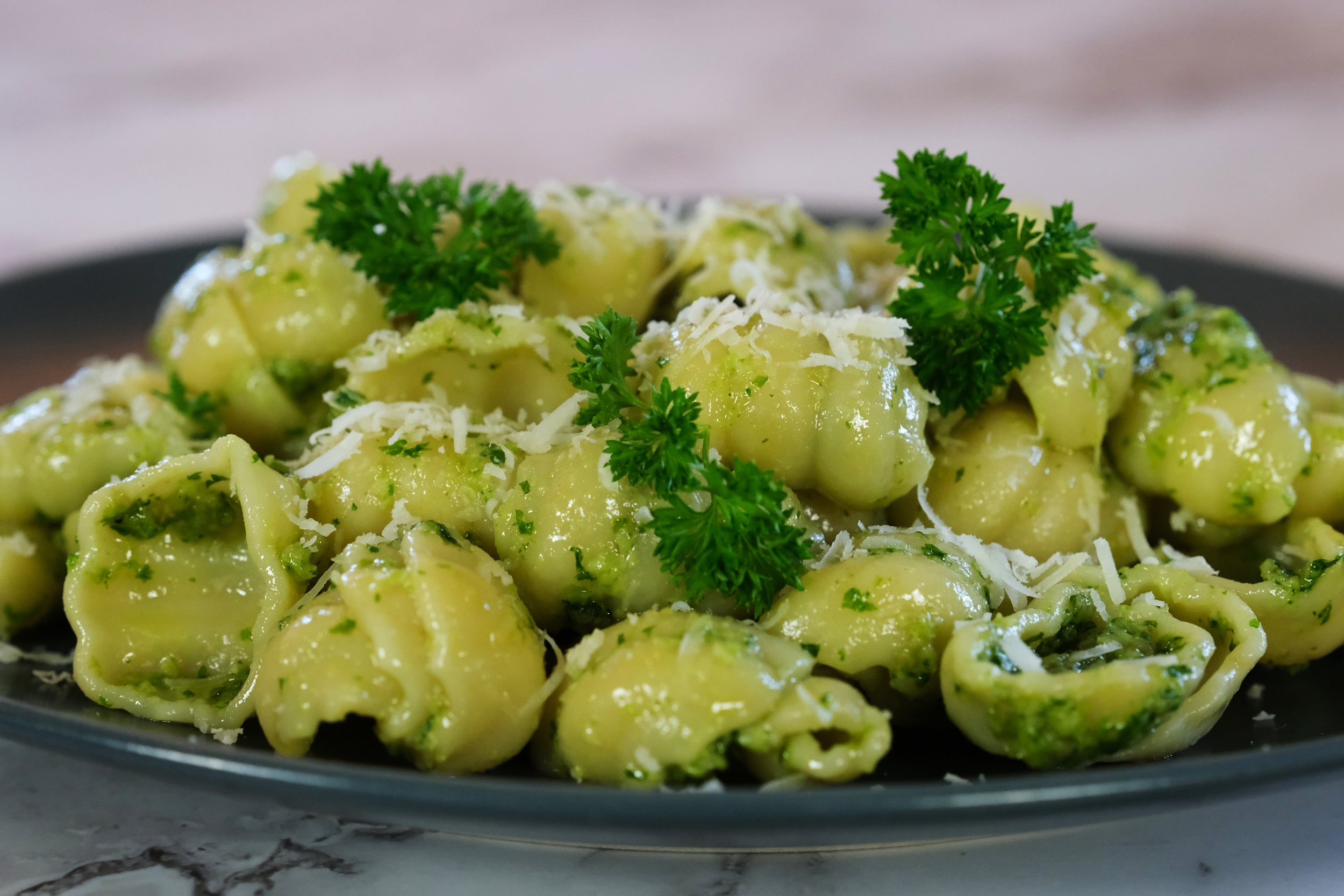 Parsley Pesto Made in Marble Mortar, Dishes