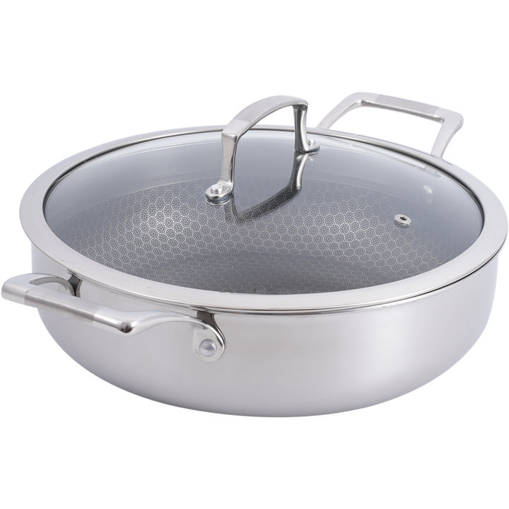 Padella Sauté Antiaderente Ibrida – 28 cm (11”) Acciaio Inossidabile Tri-Strato con Manici ad Anello + Coperchio in Vetro Temperato, Capacità 5 L