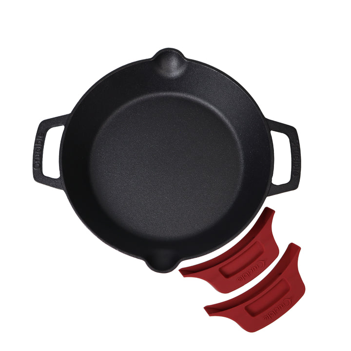 10.25-Zoll/26 cm Gusseisen-Pfannenset mit doppelten Schlaufengriffen, Bratpfanne, Silikon-Topflappen