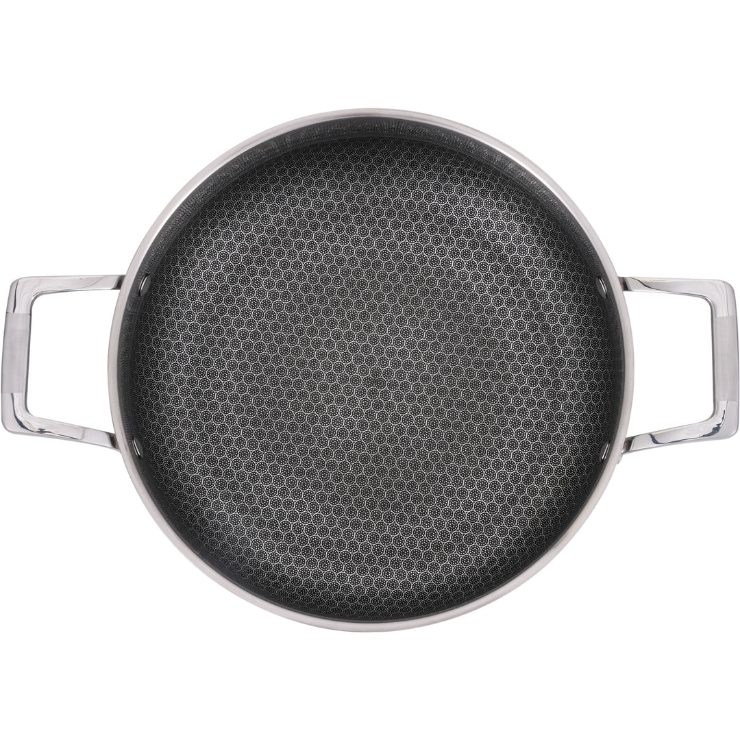 Padella Sauté Antiaderente Ibrida – 28 cm (11”) Acciaio Inossidabile Tri-Strato con Manici ad Anello + Coperchio in Vetro Temperato, Capacità 5 L
