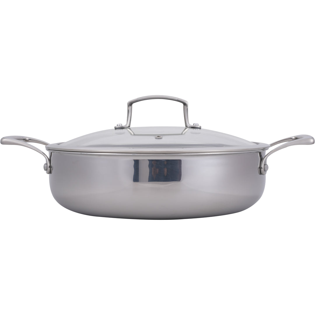 Padella Sauté Antiaderente Ibrida – 28 cm (11”) Acciaio Inossidabile Tri-Strato con Manici ad Anello + Coperchio in Vetro Temperato, Capacità 5 L