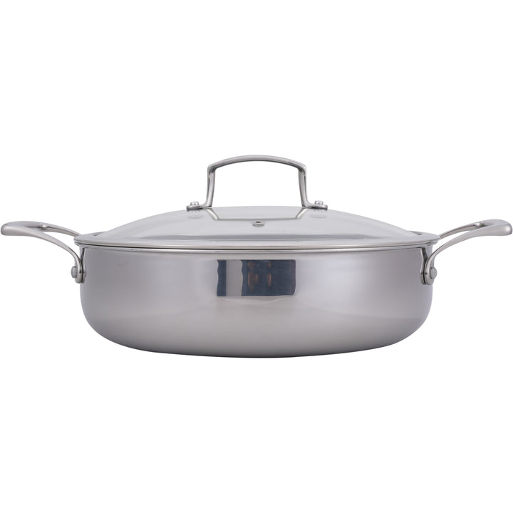 Padella Sauté Antiaderente Ibrida – 28 cm (11”) Acciaio Inossidabile Tri-Strato con Manici ad Anello + Coperchio in Vetro Temperato, Capacità 5 L