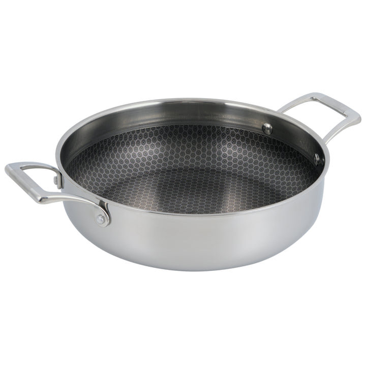 Padella Sauté Antiaderente Ibrida – 28 cm (11”) Acciaio Inossidabile Tri-Strato con Manici ad Anello + Coperchio in Vetro Temperato, Capacità 5 L