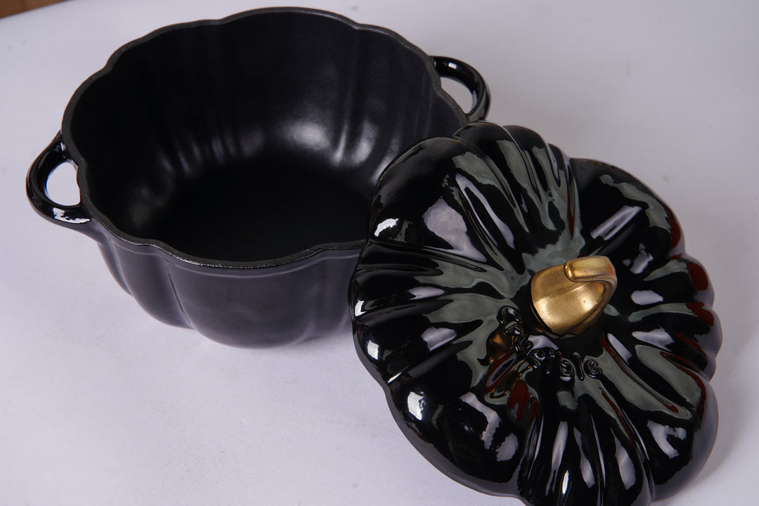 Pot citrouille en fonte émaillée, Dutch Oven, Cocotte, noir, 2.32 qt (2.2 L)