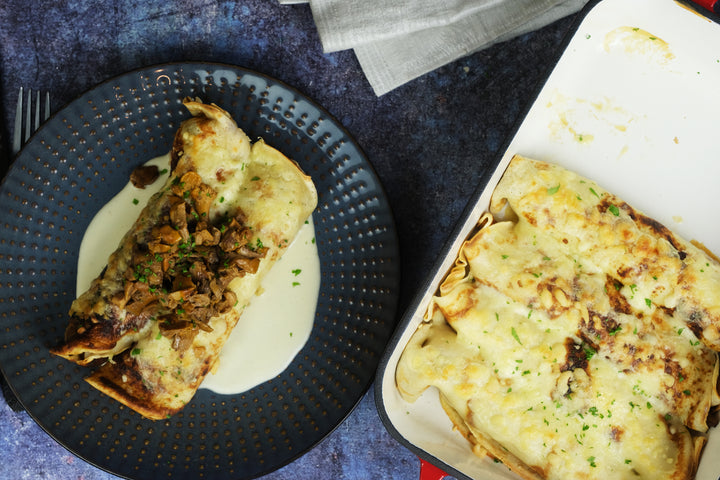 Enameled cast iron coasting pan baking dish from Crucible Cookware with chanterelle crepes
