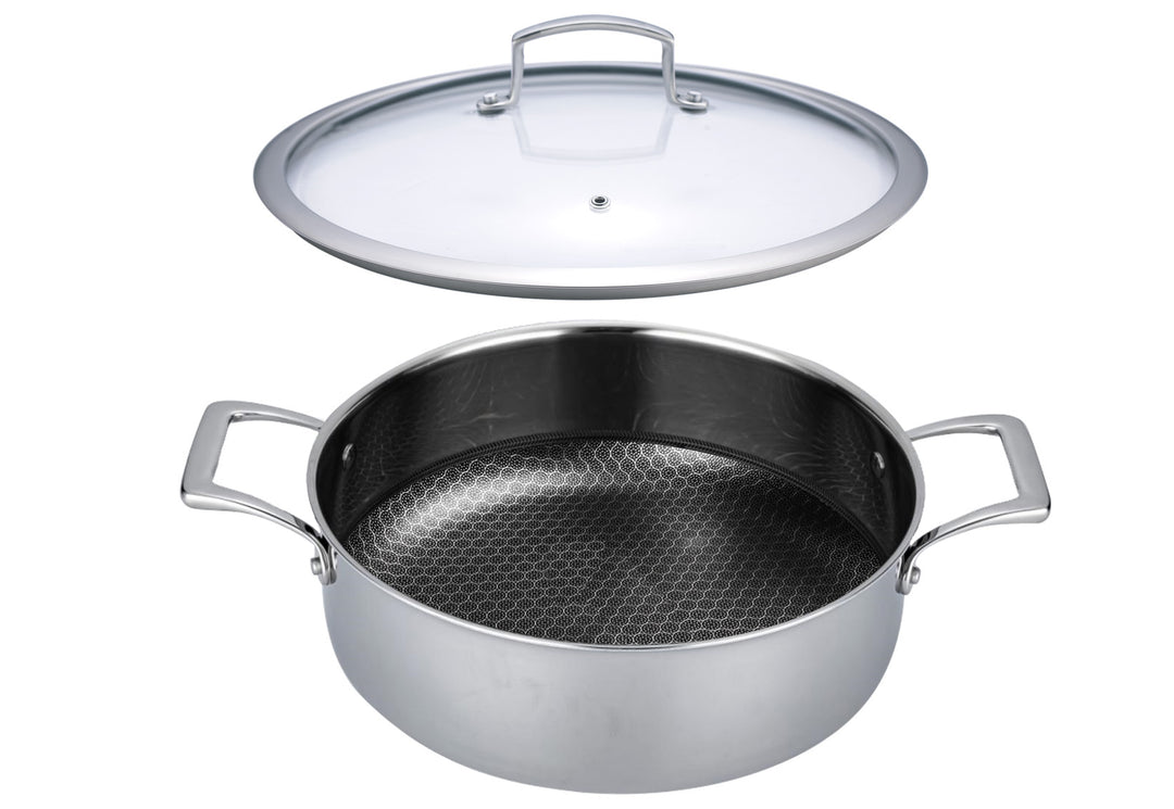 Padella Sauté Antiaderente Ibrida – 28 cm (11”) Acciaio Inossidabile Tri-Strato con Manici ad Anello + Coperchio in Vetro Temperato, Capacità 5 L