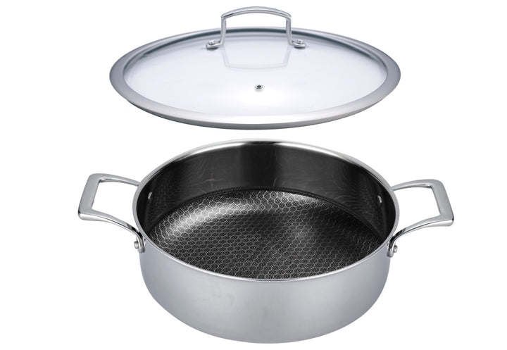 Padella Sauté Antiaderente Ibrida – 28 cm (11”) Acciaio Inossidabile Tri-Strato con Manici ad Anello + Coperchio in Vetro Temperato, Capacità 5 L