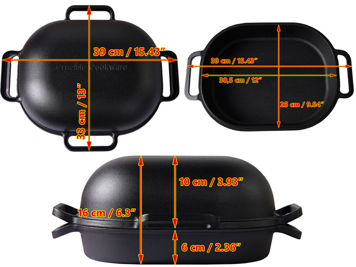 Forma de Pão em Ferro Fundido, Forno para Pão Artesanal de Massa Azeda – Extra Grande – 6 Alças em Laço – Tampa Profunda para Cozedura a Vapor