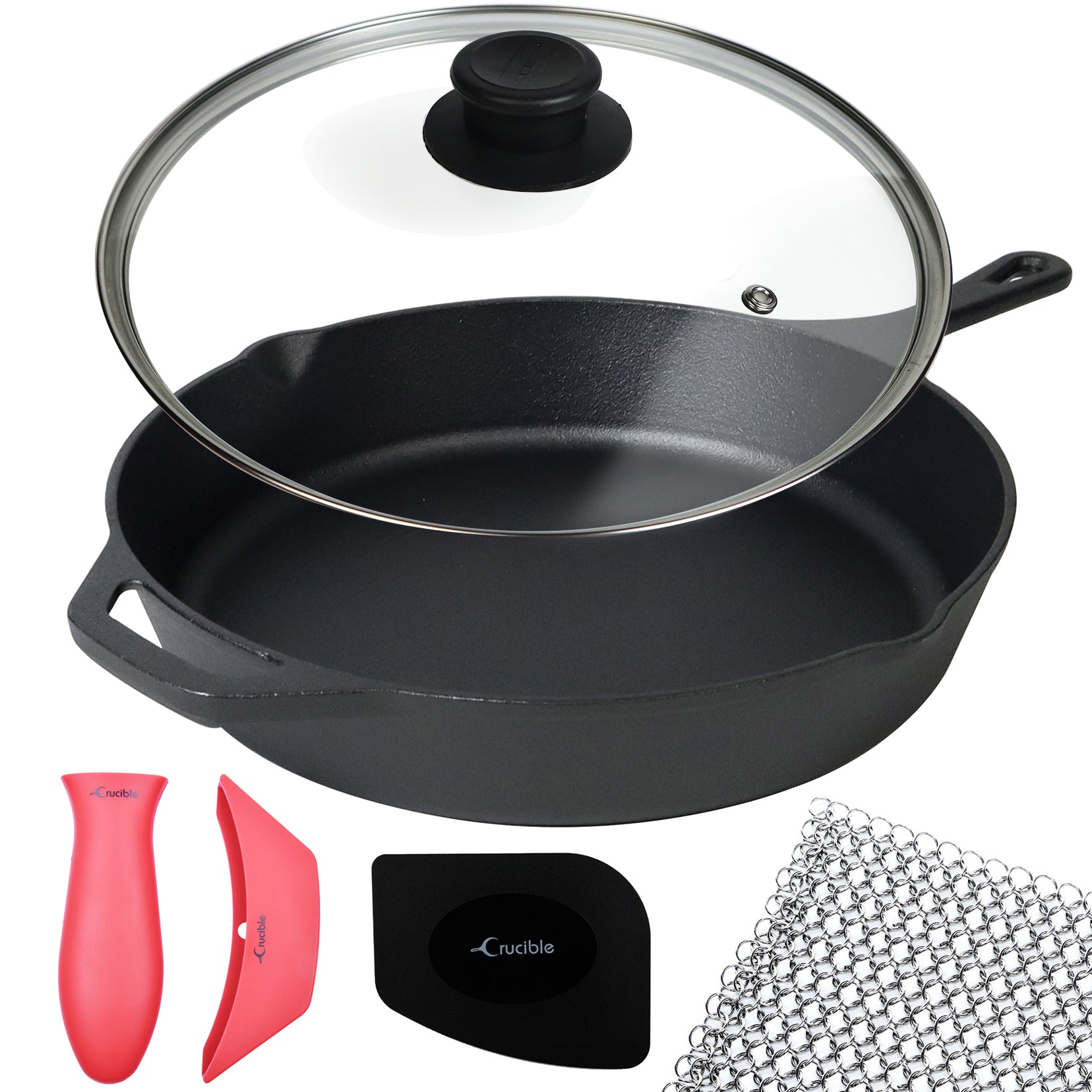 15-Inch (38 cm) Cast Iron Skillet Set, Silicone Handle Holders, Glass Lid,  Cast Iron Cleaner, Scraper