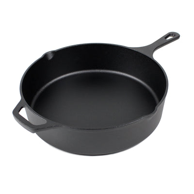 12-Inch/30,5 cm Cast Iron Skillet Set (EXTRA DEEP), Silicone Handle Holders, Glass Lid, Scraper