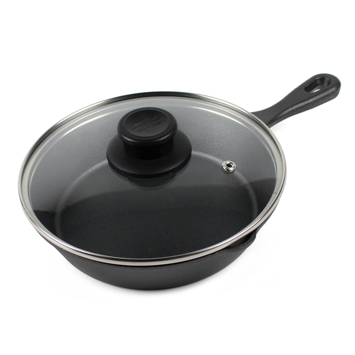 Zestaw patelni żeliwnej (8 cali/20 cm), silikonowa łapka, szklana pokrywka, środek do czyszczenia żeliwa, skrobak