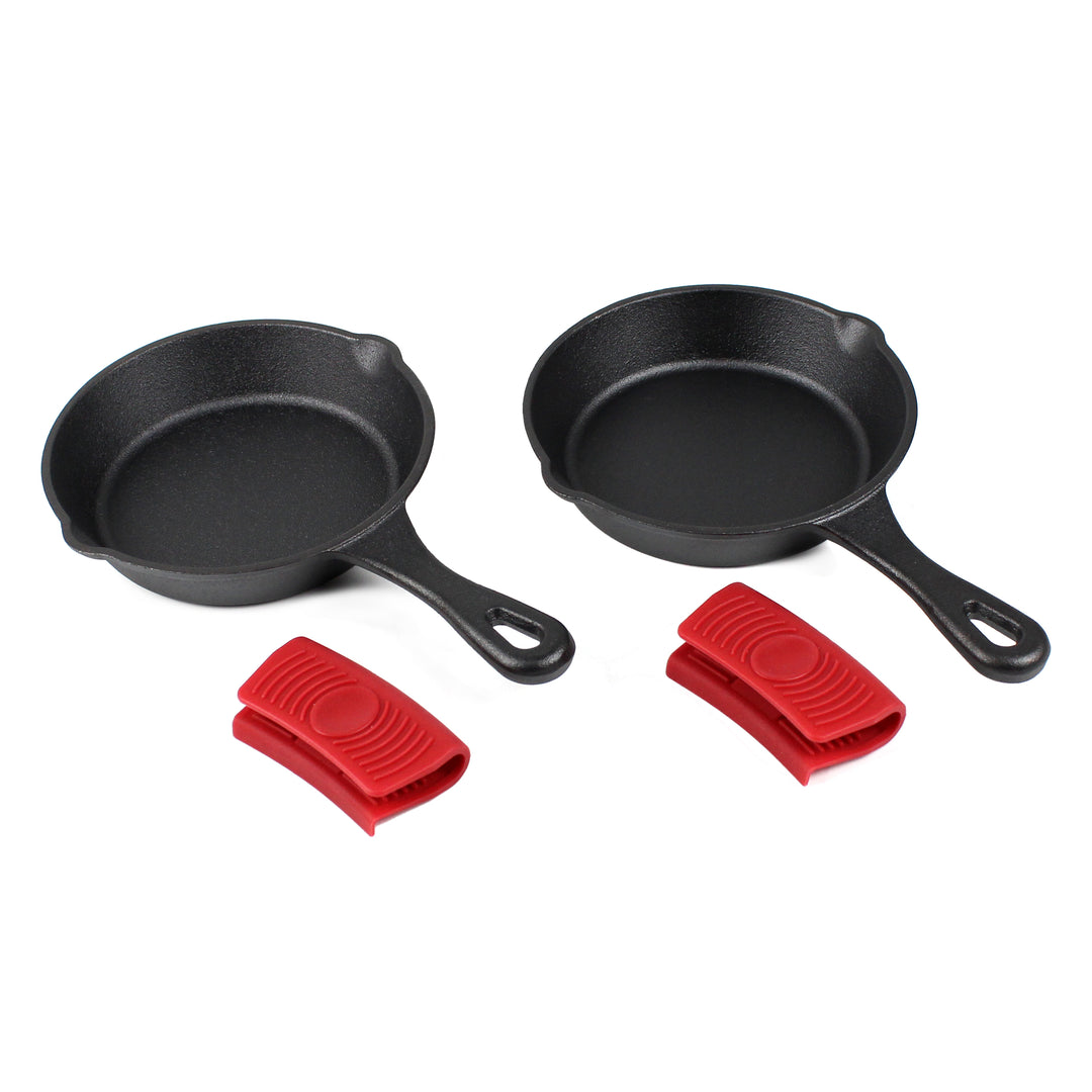 6"-Zoll (15 cm) Gusseisen-Pfannenset, 2-teilig mit 2 Silikon-Griffhaltern