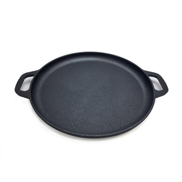 Sartén para pizza de hierro fundido 13.8"/35 cm, bandeja para hornear, plancha para cocinar, protectores de mango de silicona y raspador