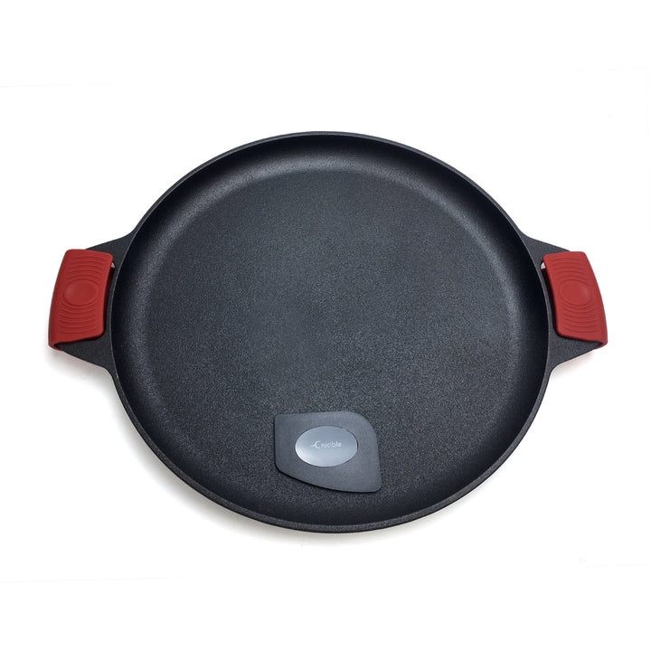 Sartén para pizza de hierro fundido 13.8"/35 cm, bandeja para hornear, plancha para cocinar, protectores de mango de silicona y raspador