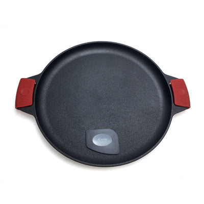 Cast Iron Pizza Pan 13.8"/35 cm, Baking Pan, Cooking Griddle, Silicone Handle Holders, and Scraper