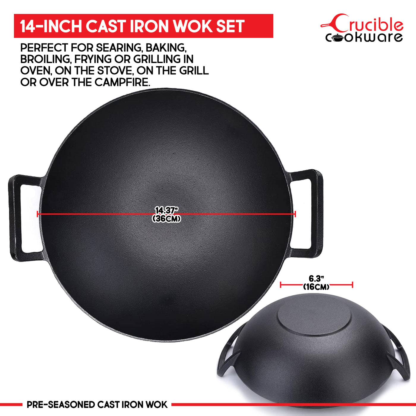 14-Inch (36 cm) Cast Iron Wok Set, Glass Lid, 2 Silicone Handle Holders, 1 Scraper