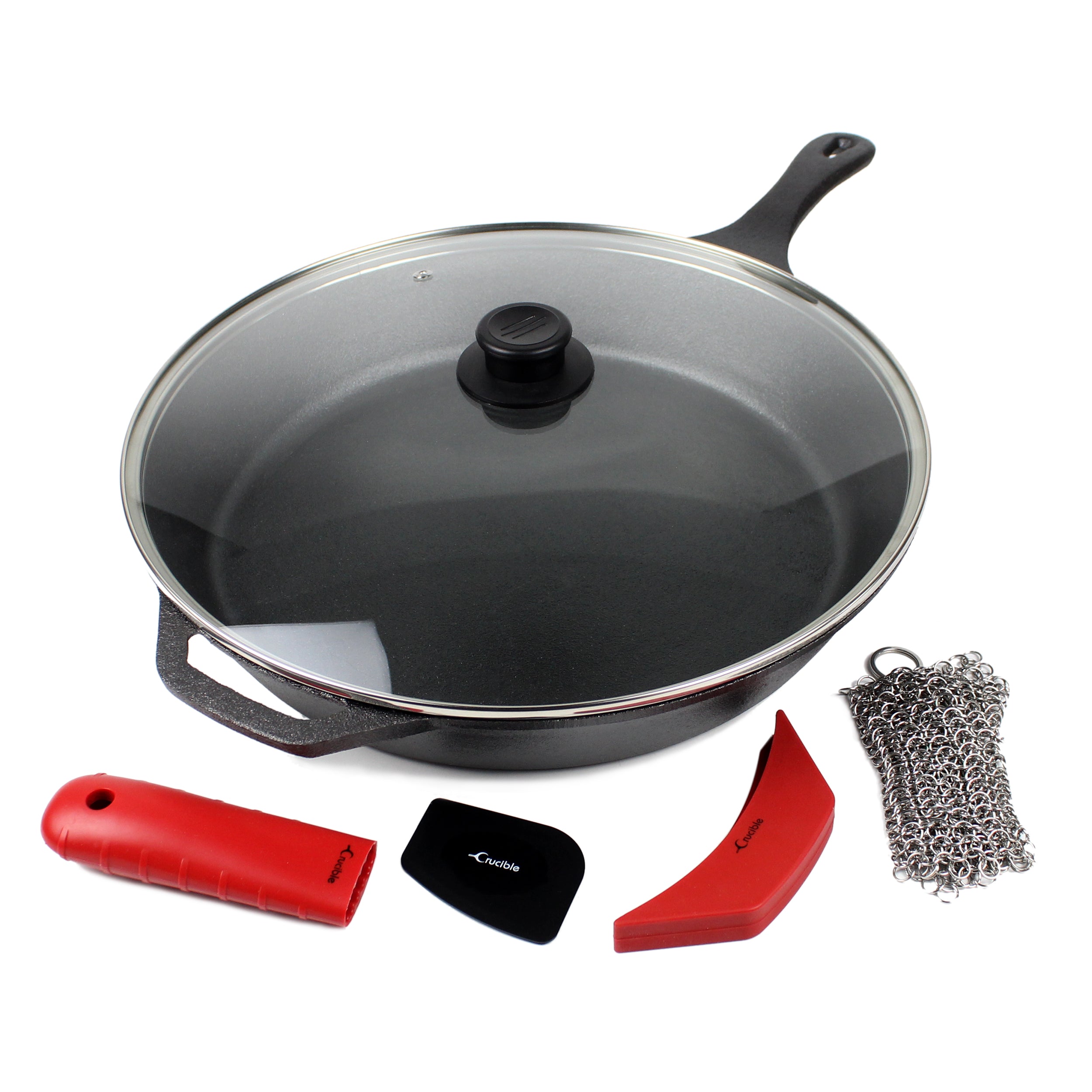 10.25-Inch Cast Iron Skillet Set (Pre-Seasoned), Including Large & Assist  Silicone Hot Handle Holders, Glass Lid, Cast Iron Cleaner Chainmail Scrubber,  Scraper