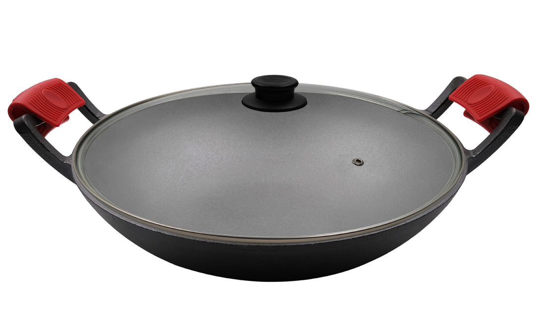 Ensemble Wok en Fonte 14 pouces (36 cm), Couvercle en Verre, 2 Poignées en Silicone, 1 Racloir