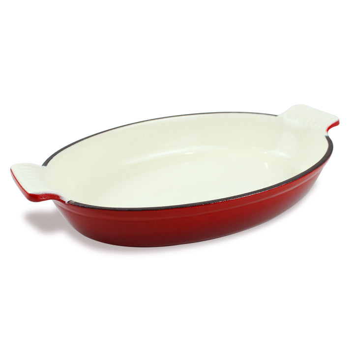 Plat à four ovale en fonte émaillée 1,58 Qt (1,5 L), plat à lasagnes, plat à rôtir - rouge + 2 maniques