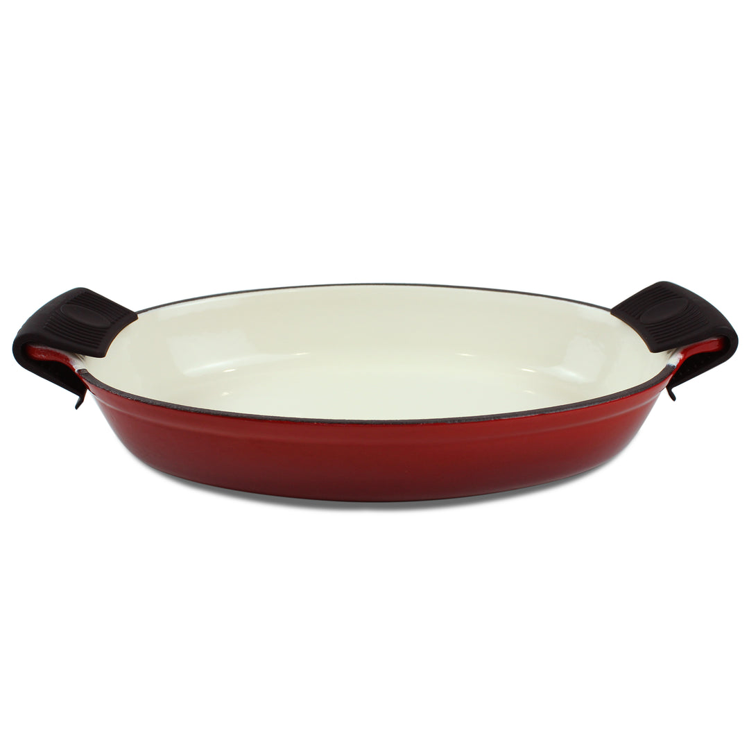 Plat à four ovale en fonte émaillée 1,58 Qt (1,5 L), plat à lasagnes, plat à rôtir - rouge + 2 maniques