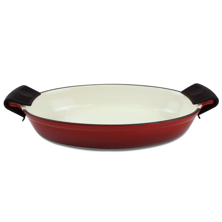 Plat à four ovale en fonte émaillée 1,58 Qt (1,5 L), plat à lasagnes, plat à rôtir - rouge + 2 maniques