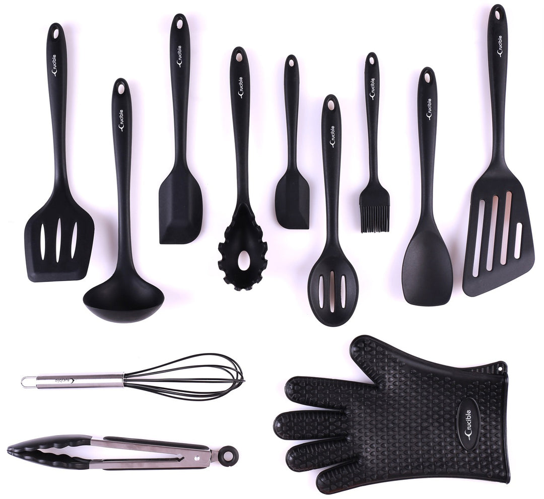 Astiasarja, 12-osainen täydellinen silikoninen leivonta- ja ruoanlaittovälineiden keittiötyökalusarja, keittoastiasarja, keittiögadgetit - Musta - Utensilios de Cocinas