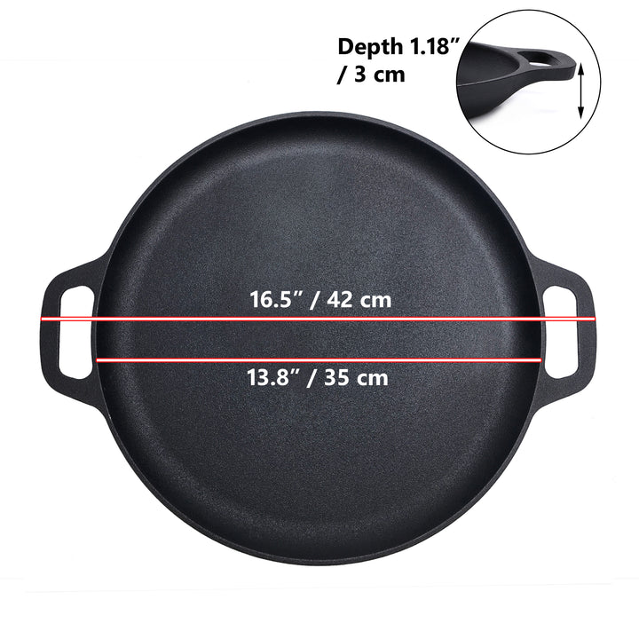 Sartén para pizza de hierro fundido 13.8"/35 cm, bandeja para hornear, plancha para cocinar, protectores de mango de silicona y raspador