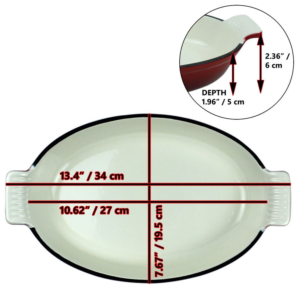Plat à four ovale en fonte émaillée 1,58 Qt (1,5 L), plat à lasagnes, plat à rôtir - rouge + 2 maniques