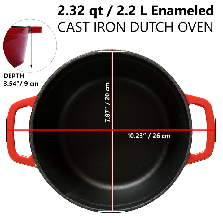 Olla de hierro fundido esmaltado Dutch Oven, Cocotte (7.87" / 20 cm de diámetro) Fuente para hornear - Roja redonda