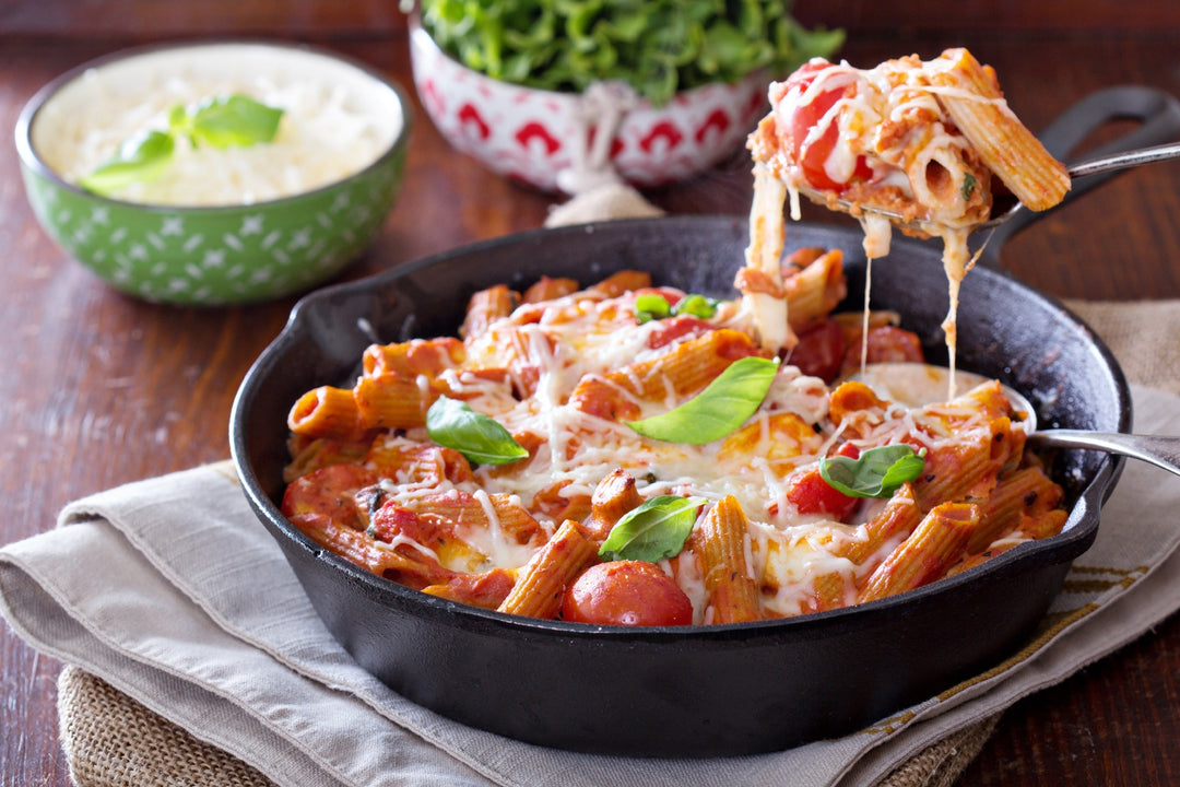 pasta in a cast iron skillet