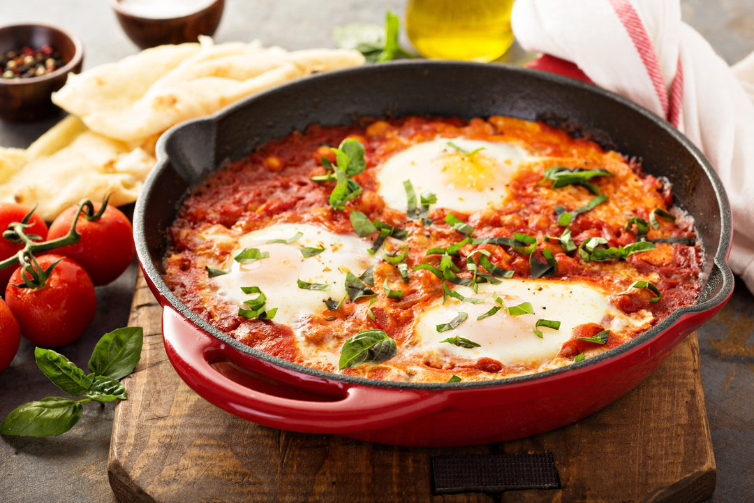 shakshuka in an enameled cast iron skillet