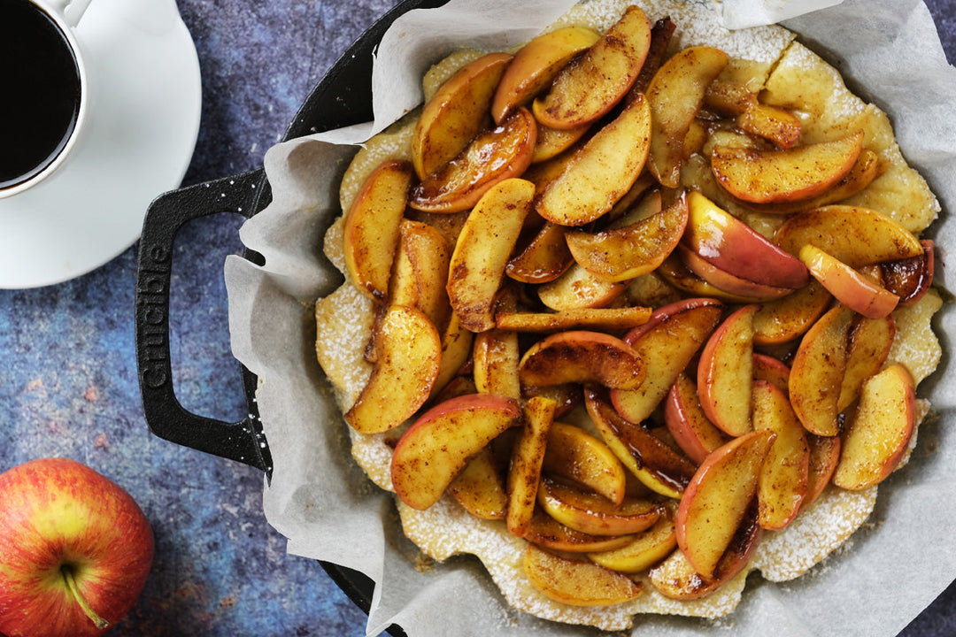 Gooey White Chocolate Cake with Cinnamon-Scented Butter-Fried Apples Recipe