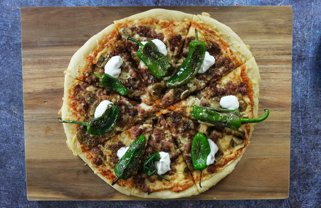 Pizza with Salsiccia, Ajvar Relish and Pimientos de Padron Recipe