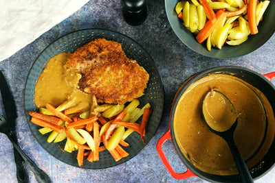 Chicken Cutlets with 3 Pepper Sauce, Roasted Potatoes and Carrots