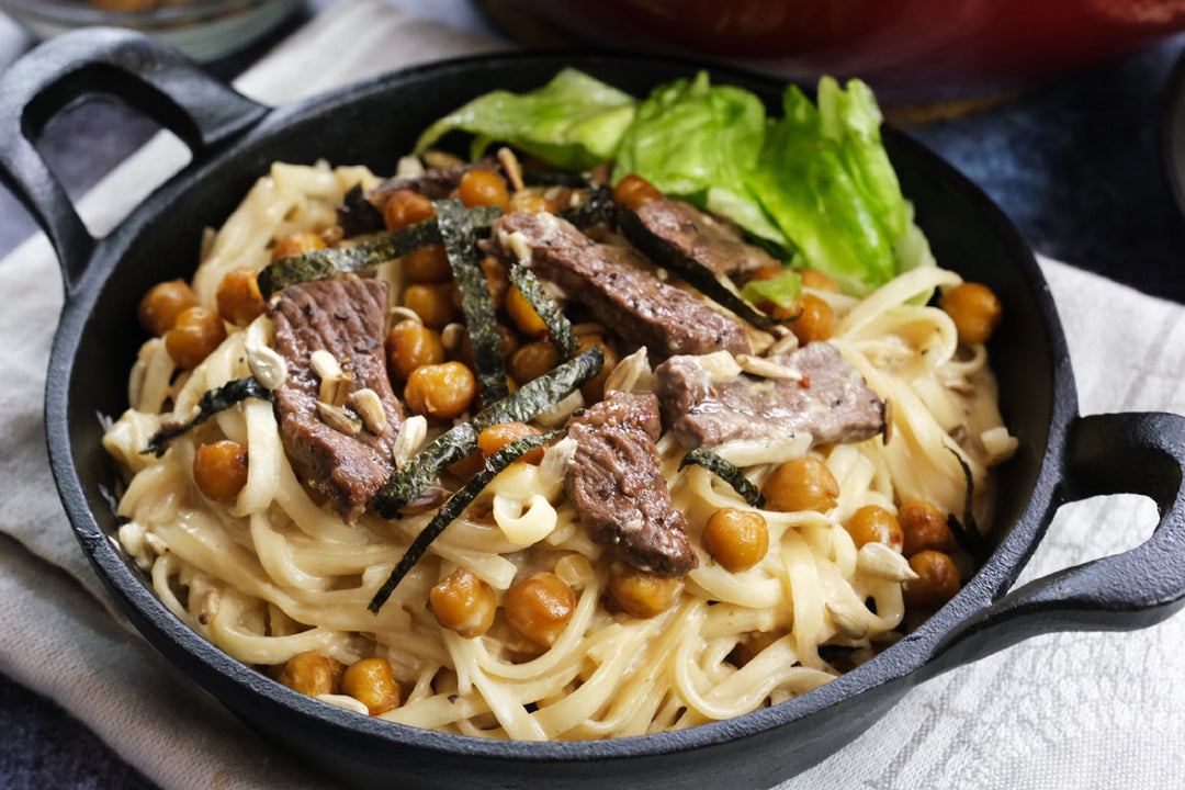Umami Udon Bowl with Seared Beef & Crispy Chickpeas Recipe