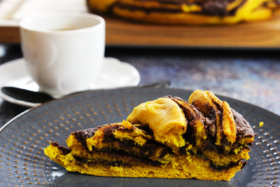 Saffron Babka with Dark Chokolate in a Cast Iron Skillet