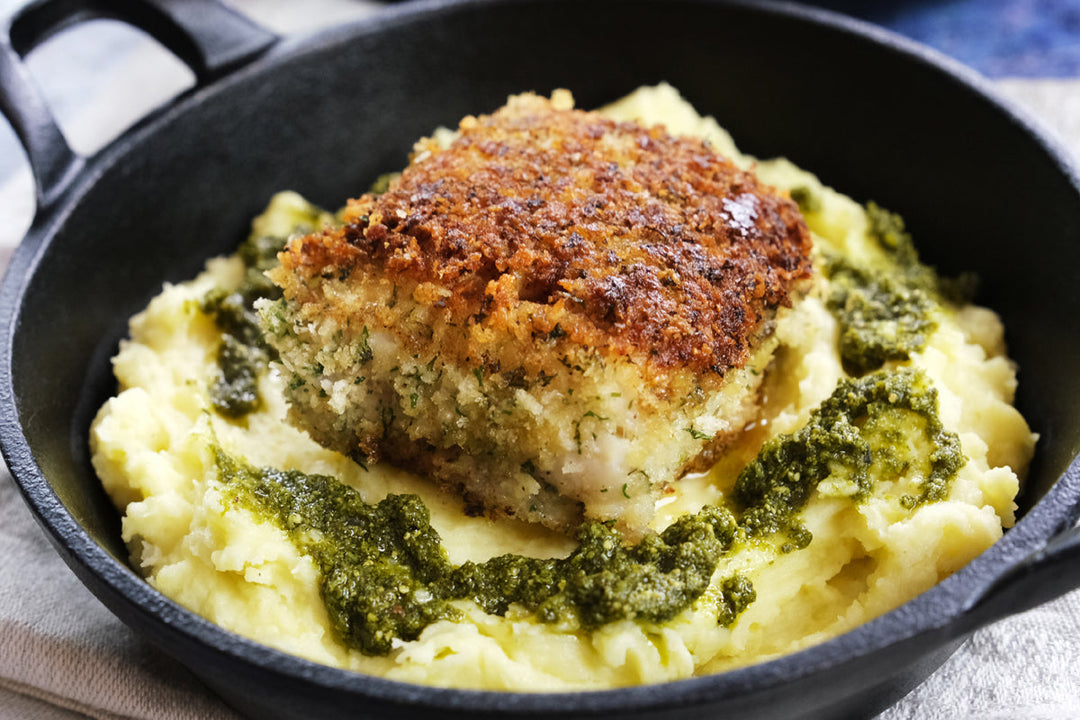 Crispy Lemon Cod with Mashed Potatoes and Pistachio Pesto recipe
