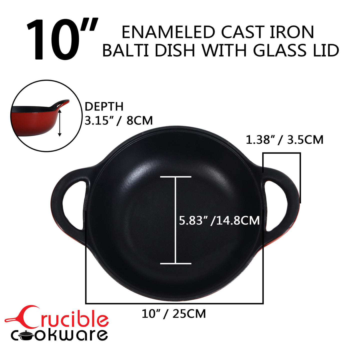 Prato Balti de ferro fundido esmaltado com tampa de vidro, caçarola média de ferro fundido de 3 quartos