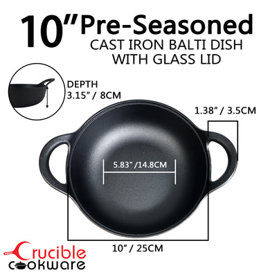 Cast Iron Balti Casserole with a Glass Lid, 3 Quart (2,83 litre) Cast Iron Casserole Dish