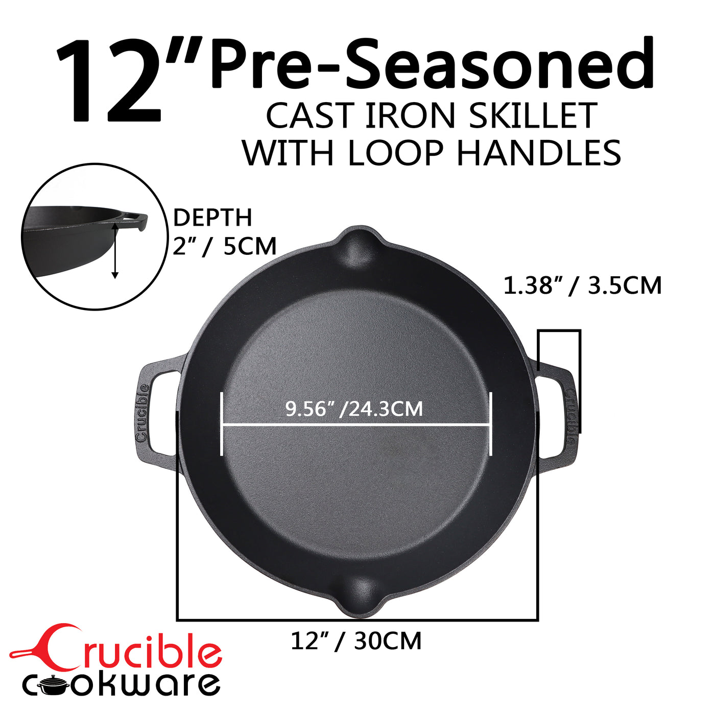 12-Inch (30 cm) Cast Iron Skillet Set with Dual Loop Handles, Frying Pan, Silicone Potholders