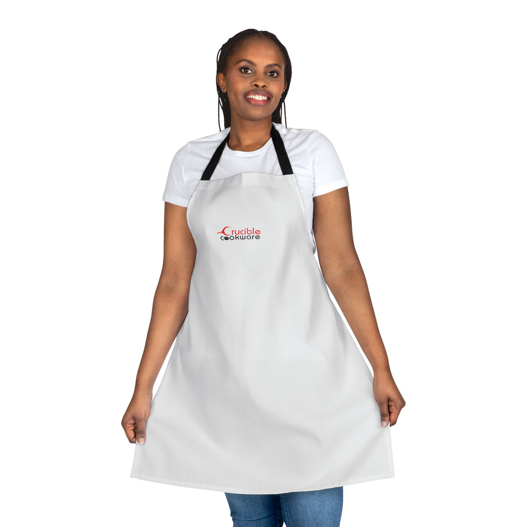 White Chef Apron with 'Cucible Connoisseur' Logo — Adjustable Black-Strap Kitchen Apron