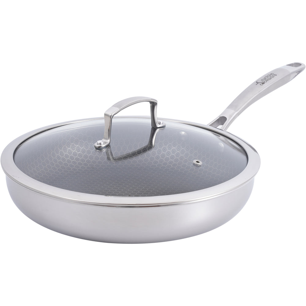 Crucible Cookware Hybrid Nonstick Frying Pan – 28 cm (11”) Tri-Ply Stainless Steel with Circle Pattern Cooking Surface + Tempered Glas for sale online