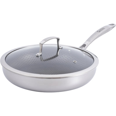 Hybrid Nonstick Frying Pan – 28 cm (11”) Tri-Ply Stainless Steel with Circle Pattern Cooking Surface + Tempered Glass Lid