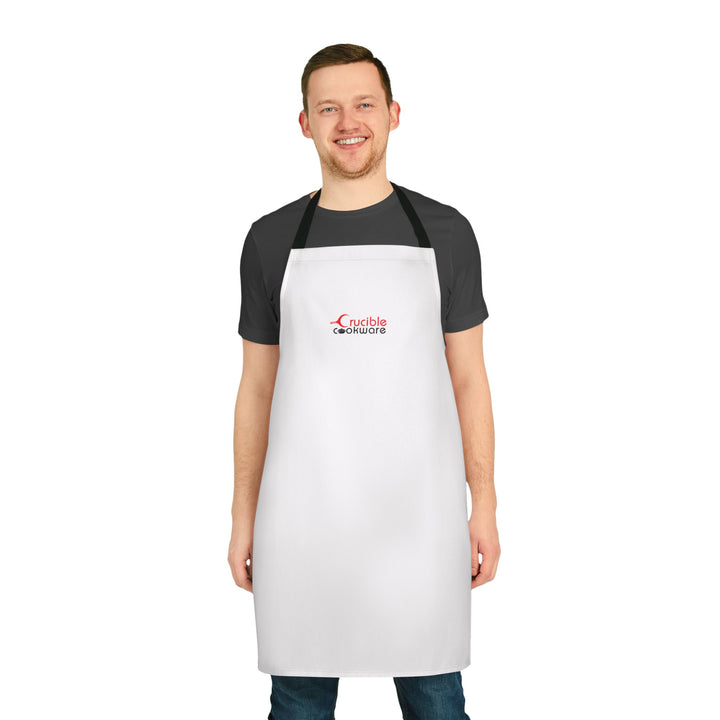 White Chef Apron with 'Cucible Connoisseur' Logo — Adjustable Black-Strap Kitchen Apron