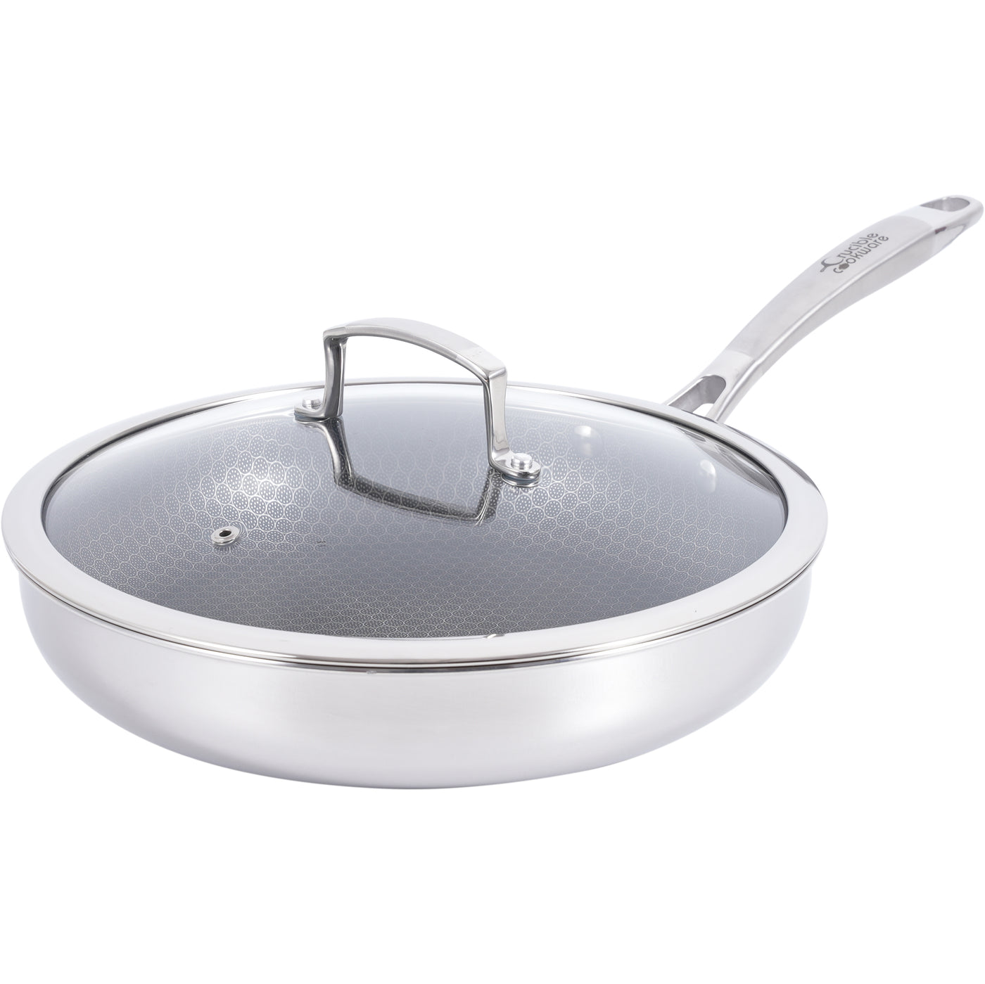 Hybrid Nonstick Frying Pan – 28 cm (11”) Tri-Ply Stainless Steel with Circle Pattern Cooking Surface + Tempered Glass Lid