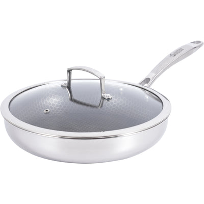Hybrid Nonstick Frying Pan – 28 cm (11”) Tri-Ply Stainless Steel with Circle Pattern Cooking Surface + Tempered Glass Lid