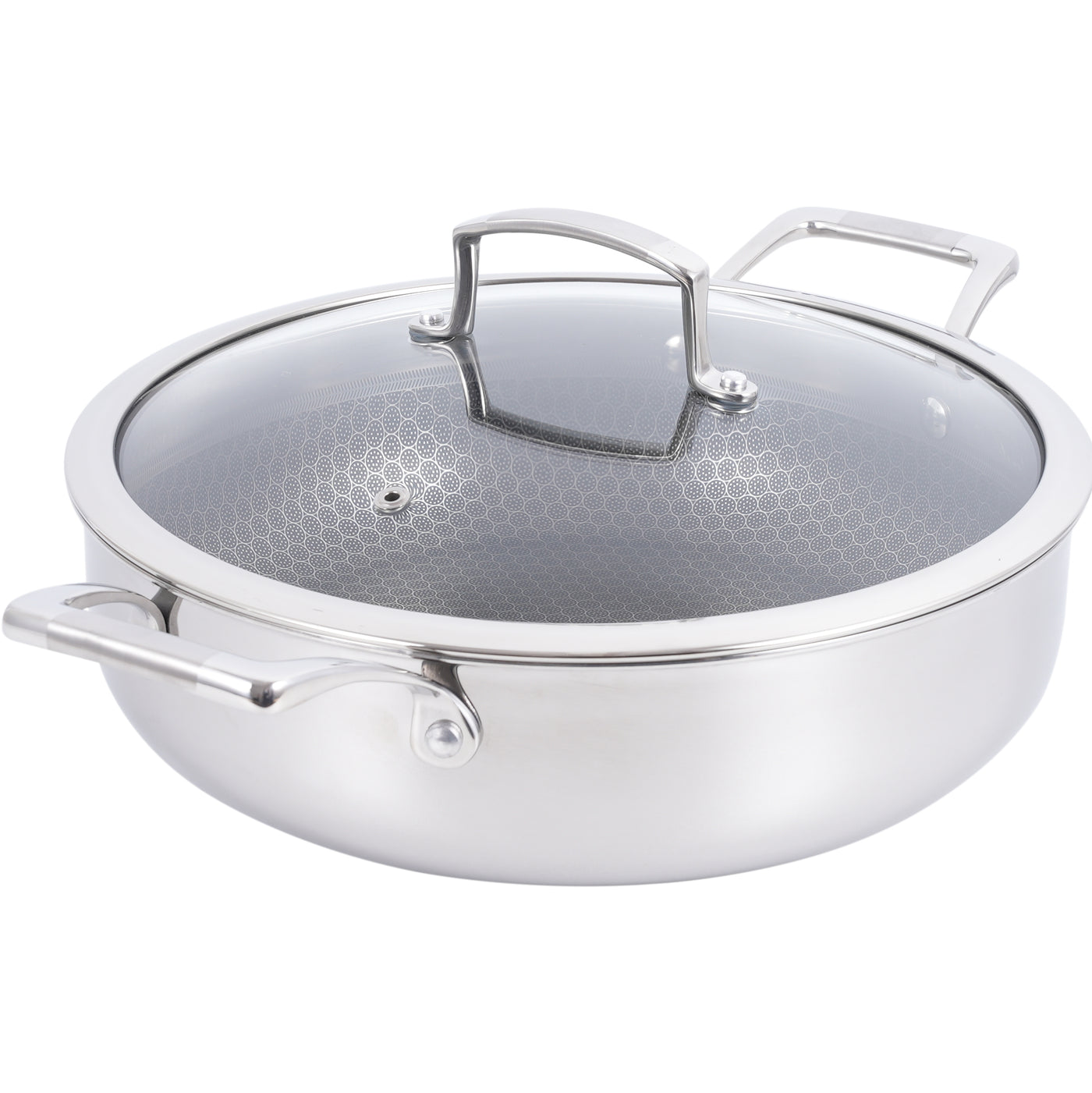 Hybrid Nonstick Sauté Pan – 28 cm (11”) Tri-Ply Stainless Steel with Loop Handles + Tempered Glass Lid, 5 L Capacity