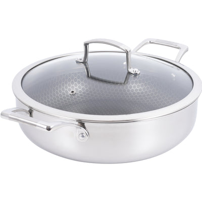 Hybrid Nonstick Sauté Pan – 28 cm (11”) Tri-Ply Stainless Steel with Loop Handles + Tempered Glass Lid, 5 L Capacity